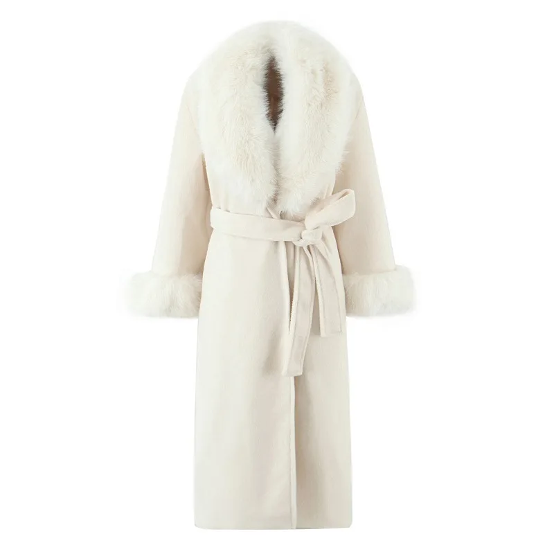 Blouse Outerwear Wool Coat Autumn/Winter Women's Fur Collar Slim Fit Tailored Waist Tie-front Longer Length Minimalist Casual