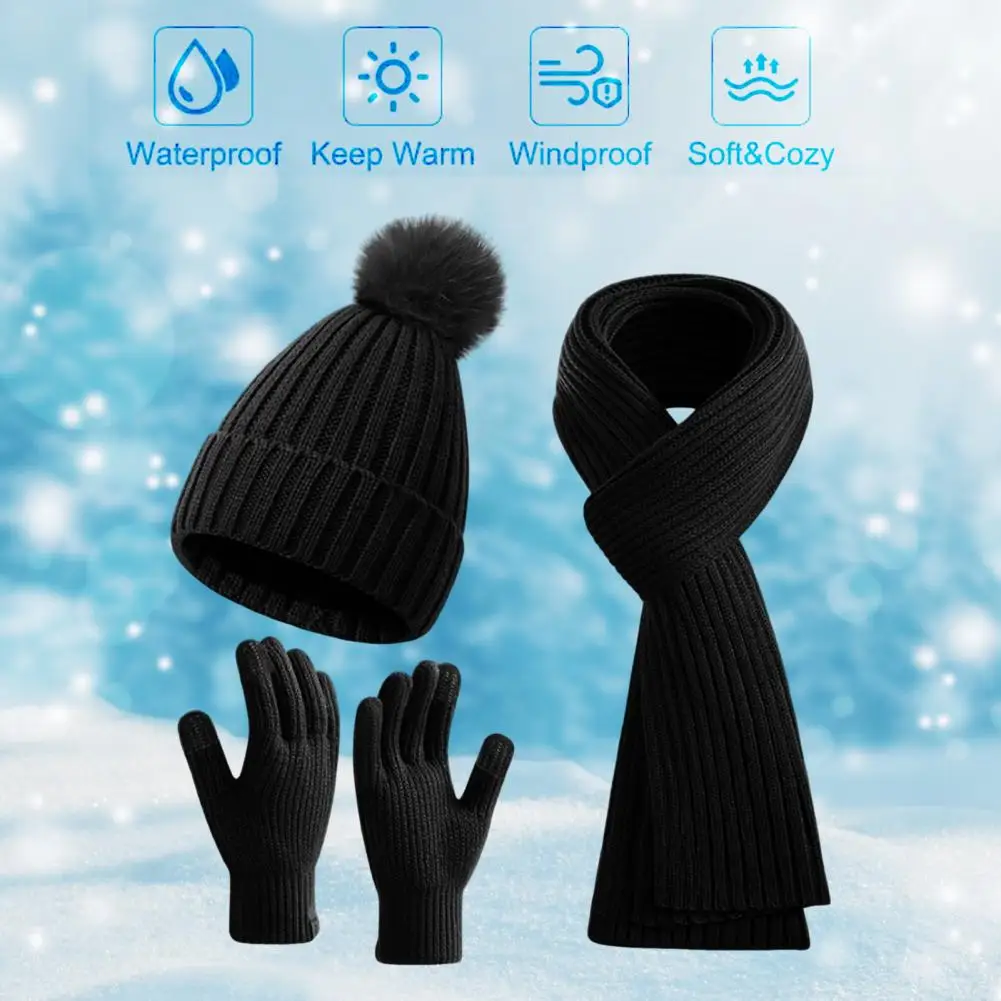 Touchscreenhandschoenen Wintermuts Sjaal Handschoenen Set Gebreid Dik Warm Unisex Outdoor Fietsen Muts Set met touchscreen