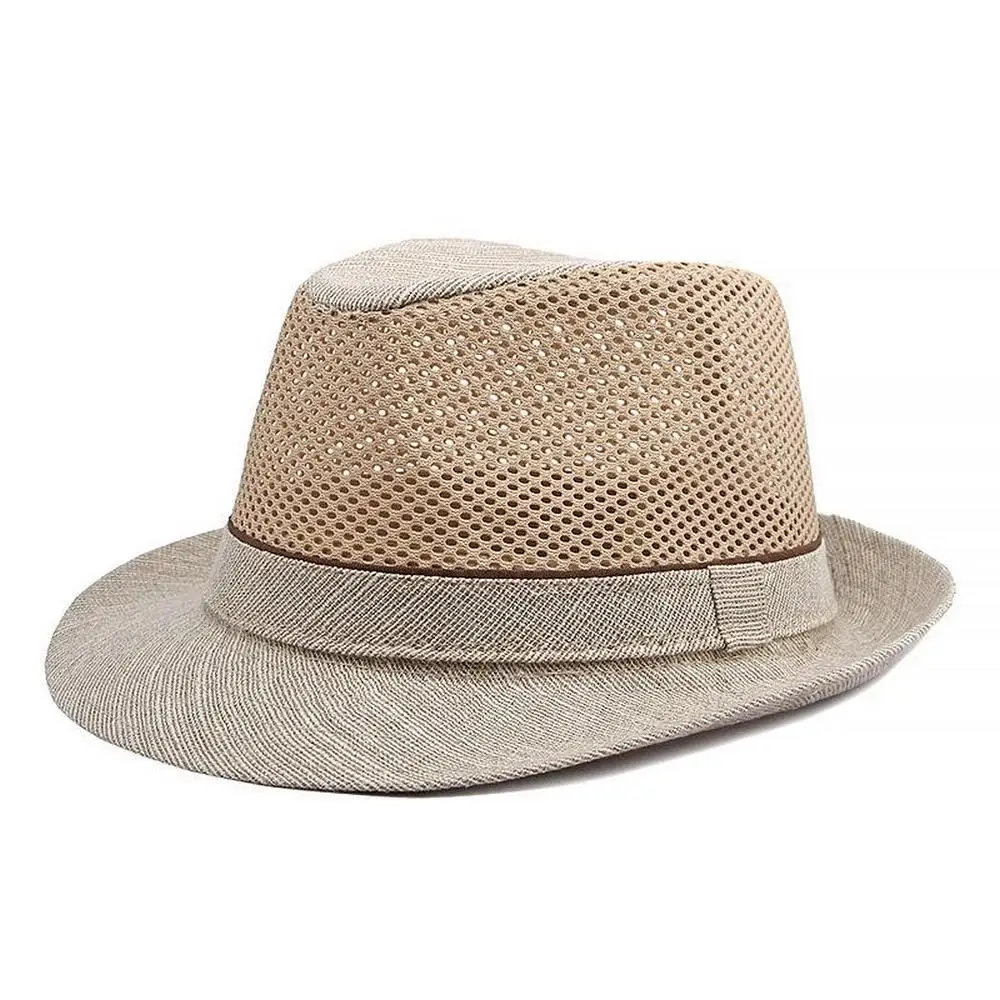 Summer Men Sun Hats Panama Caps Polyester Splicing Mesh 56-60cm Small Brim Jazz Style Outdoor Beach Sunshade Fedoras TY0181