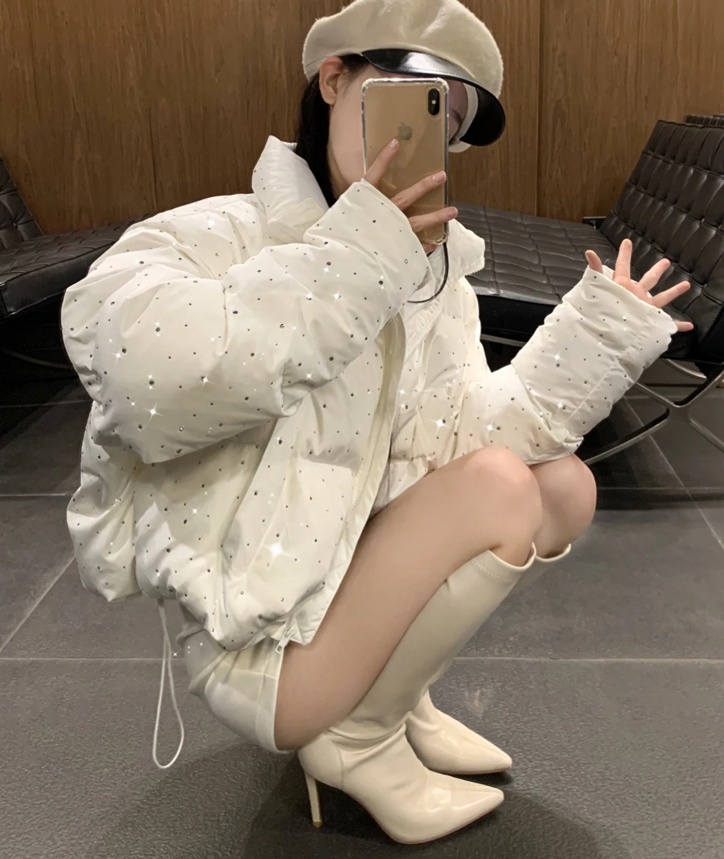 ZAROY Women's Thick Warm Cotton Jacket With Rhinestones Winter Casual Stand Collar Zipper Pocket Down Coat Puffer куртка