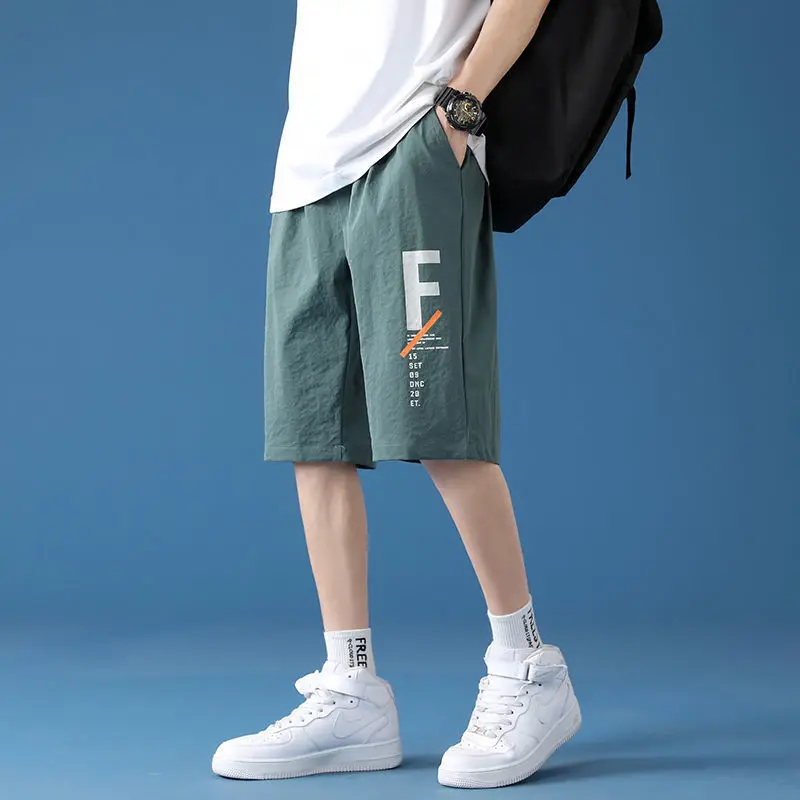 Summer Fashion Korean Casual Sports Shorts Loose Straight Men Elastic Waist Pocket Streetwear Quick Drying Wide Leg Short Pants