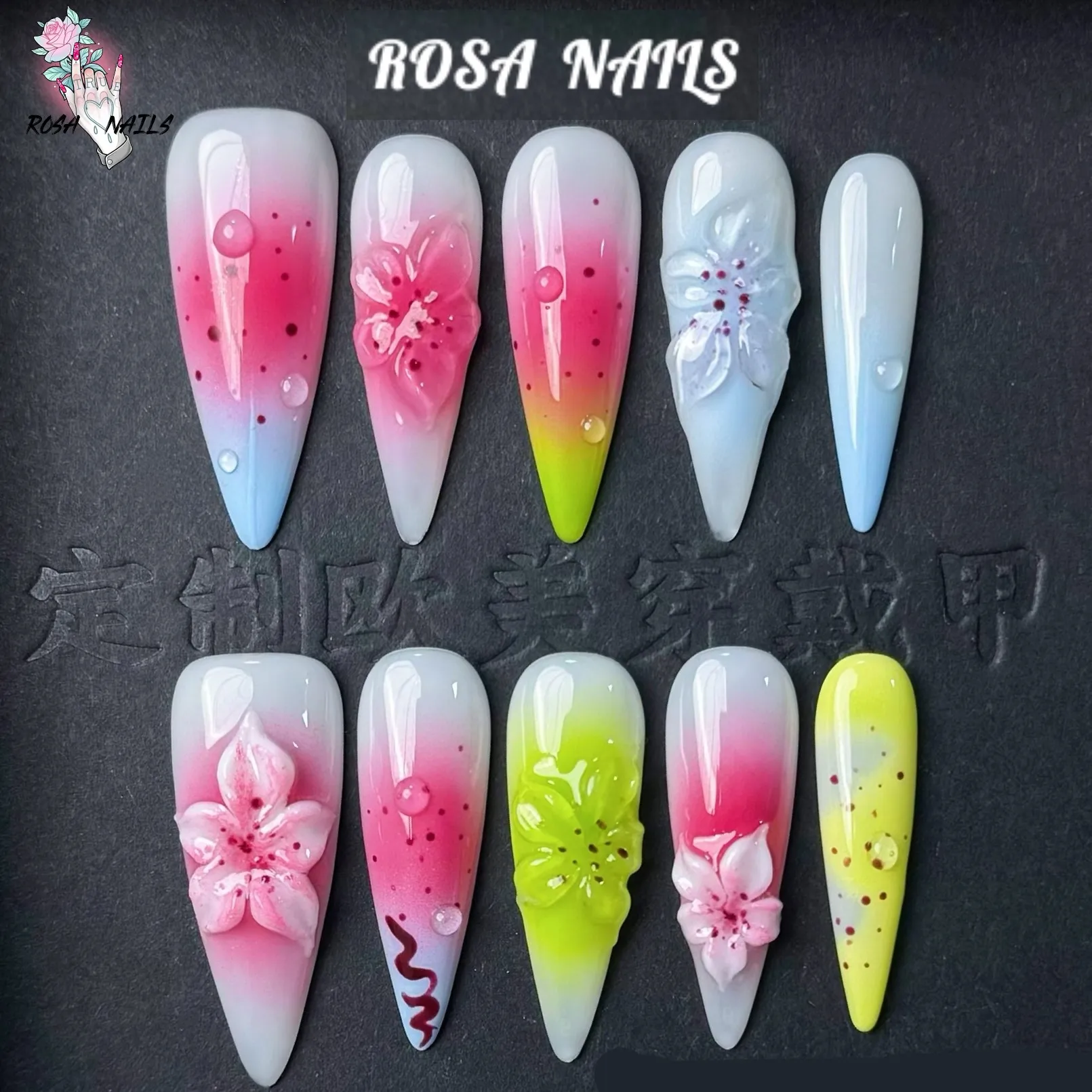 

3D цветы ручной работы Пресс на ногти Зеленый Розовый Синий Градиент Поддельные ногти Цветок Y2k Советы по дизайну ногтей Носимые длинные накладные ногти на шпильке