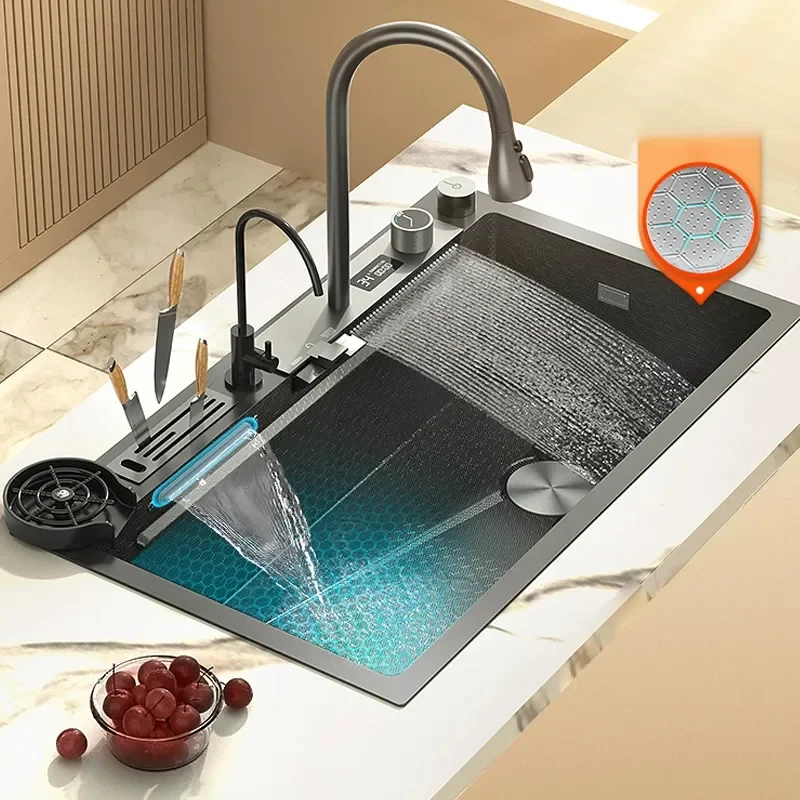 

Digital Display Waterfall Embossed Kitchen Sink Stainless Steel Large Single Slot Multifunctional Washbasin for Kitchen