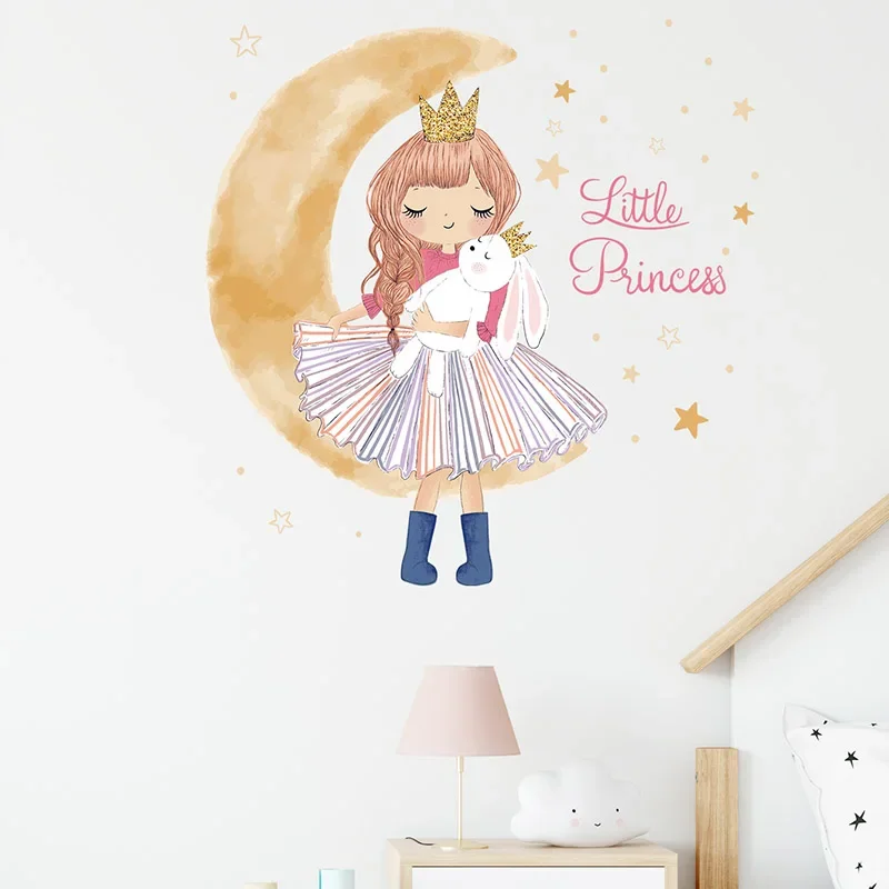 1pc Cartoon Girl Princess with Bunny Moon Wall Stickers for Girl Room Children Room Kids Room Wall Decals Home Decorative