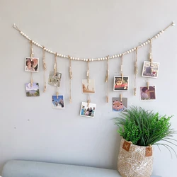 Zdjęcie wiszące na ścianie wyświetlacz z drewnianymi koralikami Garland Collage ramka na zdjęcia do Boho Wall fotografia dekoracyjna uchwyt rustykalny, wiejski wystrój