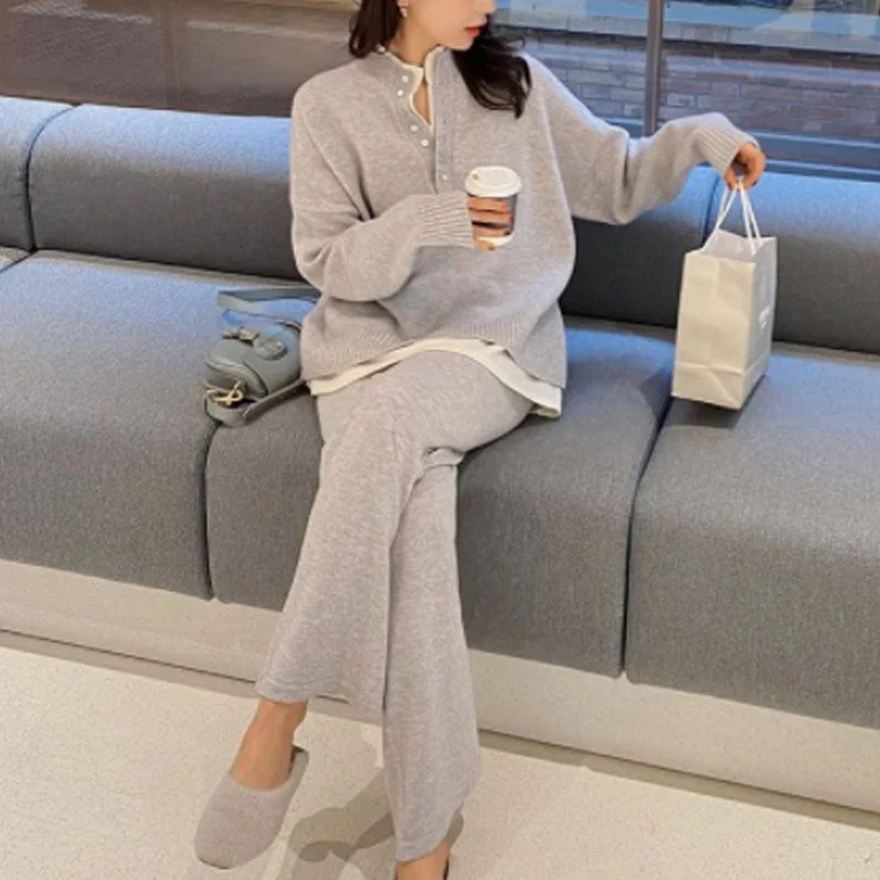 Autumn Pink 2 Piece Sets Women Winter Long Sleeve Sweater + Wide Leg Pants Women Elegant Warm Woolen Pants Sets Korean