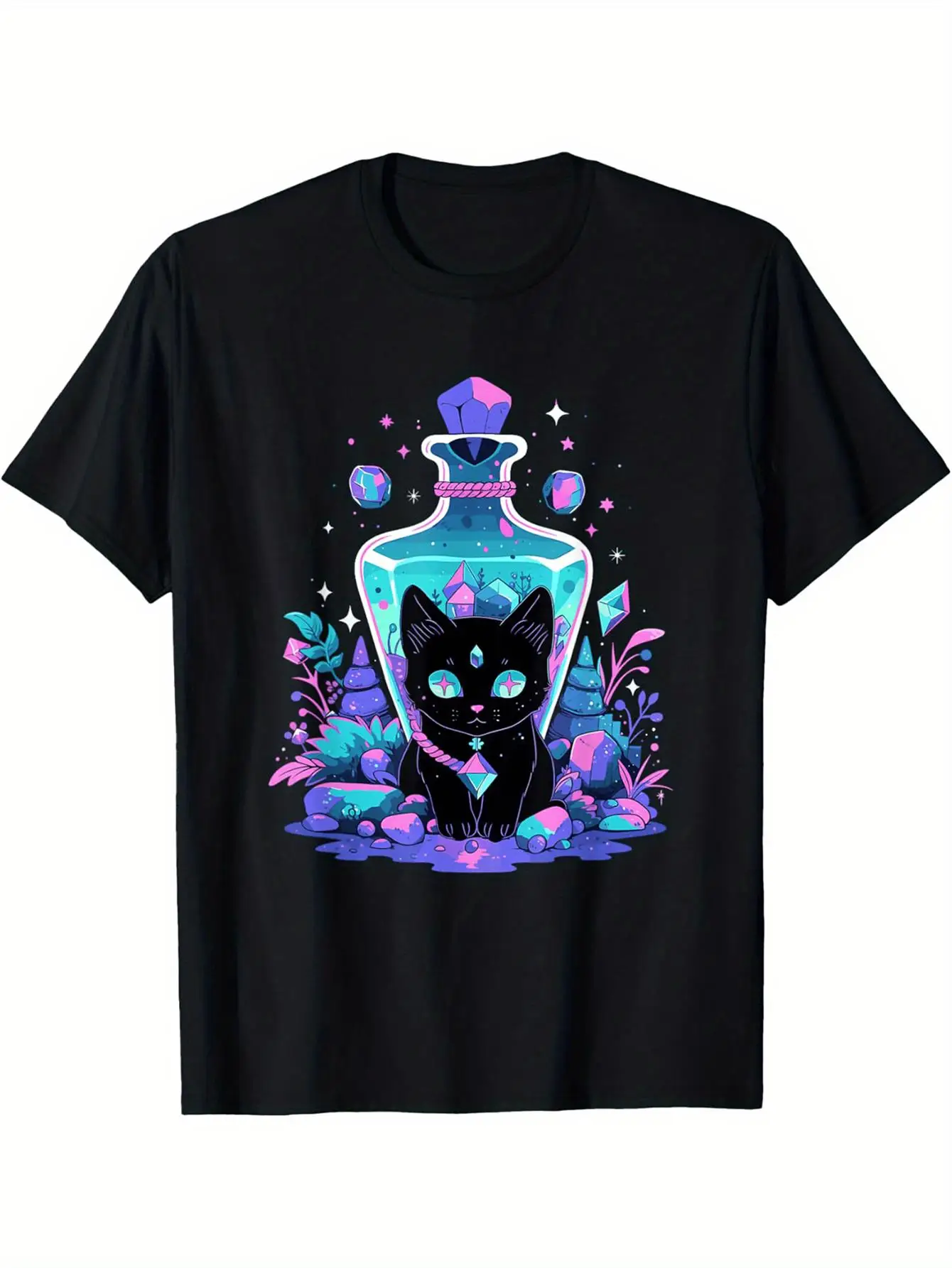 Men's Country Gothic Anime Cat T-Shirt - Soft Black Plain T-Shirt with Mysterious Potion Bottle Pattern - Halloween Casual Gothic Cute Top