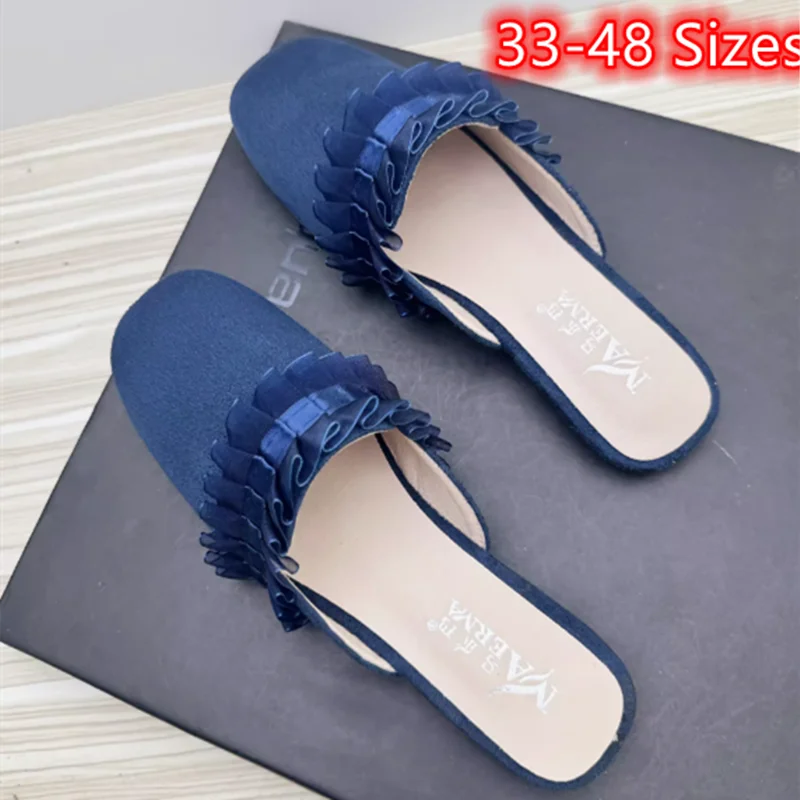 

Women Pull on Shoes Square Toe Wide Fits Slippers 48 33 Summer Casual Silk Laces Comfortable Flock Slides In Pinkish Royal Blue