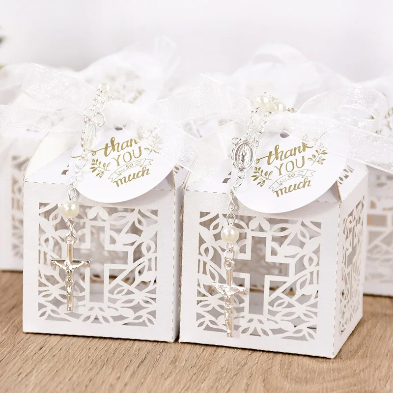 

10Pcs Angel Candy Box Cross Gift Boxes With Rosary Birthday Beads Baptism Baby Shower First Communion Christening Wedding Decor