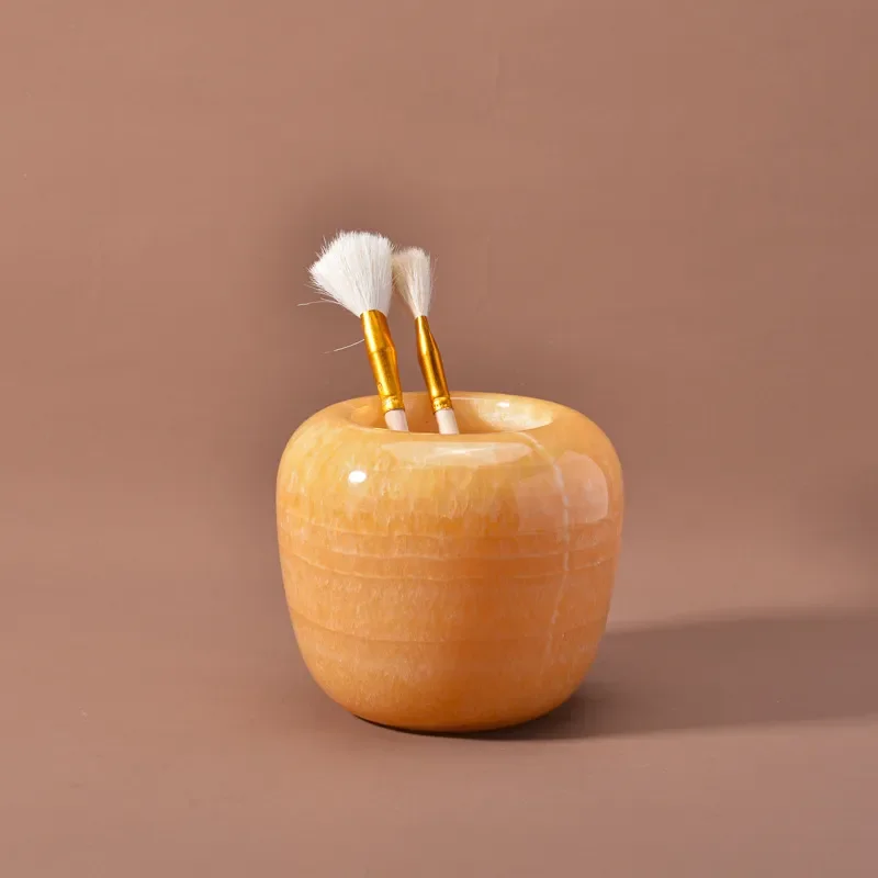 Natural Round Jade Stone Candle Holder Hollow Carved Orange Decorative Jar Luxury Home Ornament for Living Room Table