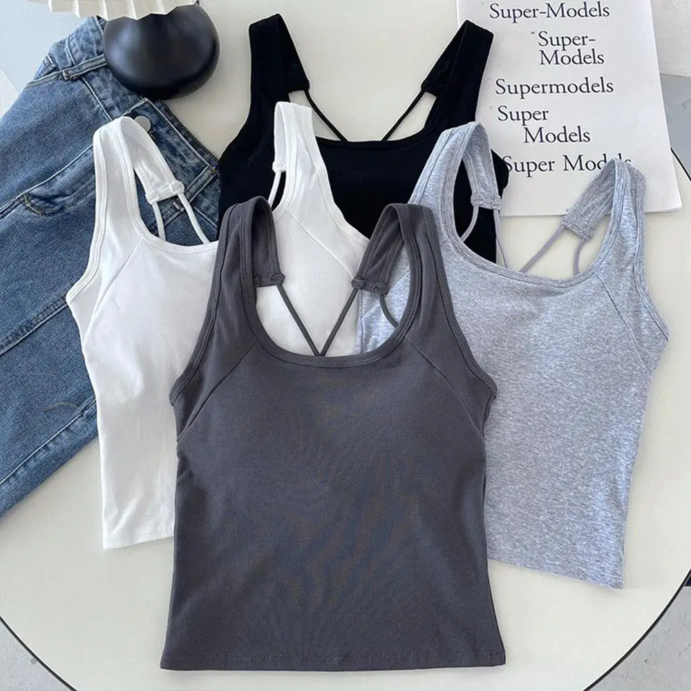 

Women solid Color Tank Tops Round Neck Ribbed Camisole Beauty Back Cross strap Camis Vest Summer Basic Sports Elastic Tank Top