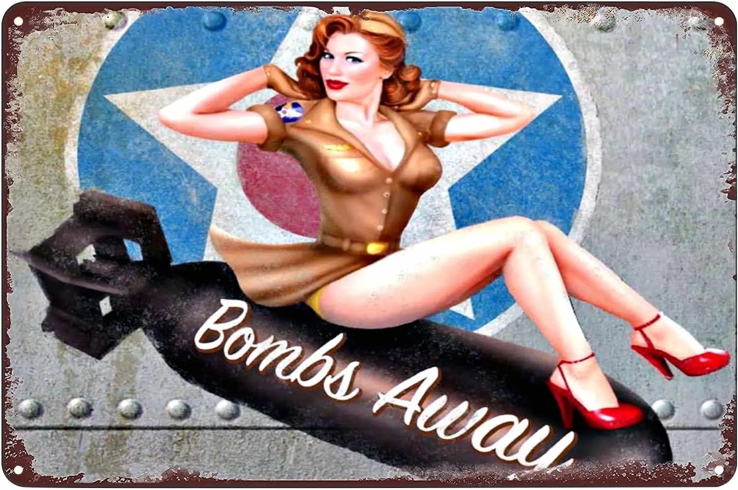 Pin-up Girl Aviation Nose Art Metal Poster Sexy Woman Bombs Away Vintage Tin Sign Wall Decor Plaque for Home Bar Club Livin sign