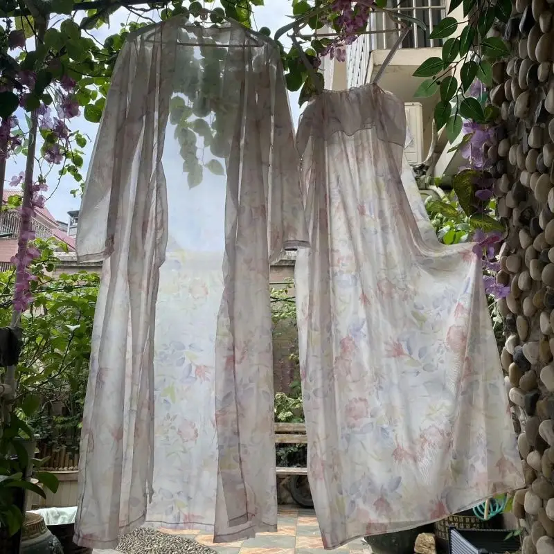 

See Through Silk Tulle Floral Nightdress 2pcs Set Sexy Silky Touch Suspender Dress Long Sleeve Robe Couple Sheer Sleeping Robe