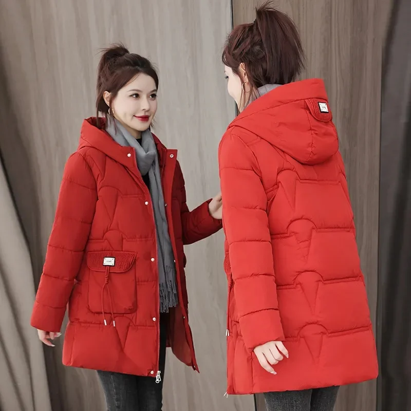 2025 겨울 여성 재킷 코트 롱 파카 여성 다운 코튼 후드 오버코트 두꺼운 따뜻한 재킷 방풍 캐주얼 학생 코트