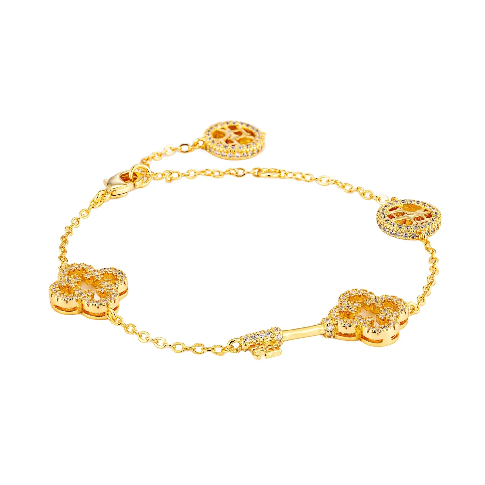 

Romantic Key & Four Leaf Clover Charm Bracelet Women Sparkling Zircon Gold Plated Chain Everyday Wear Valentines Love Gift Set