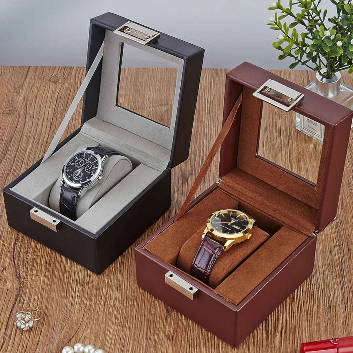 Clear Glass Top PU Leather Watch Box Single Slot Men Jewelry Organizer Storage Case Collection Gift Holder Stand Display
