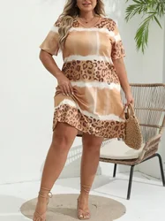 Modna sukienka na co dzień z krótkim rękawem Sukienka damska Tie Dye Leopard Krótki rękaw V Szyja Lekko rozciągliwa sukienka Plus Size