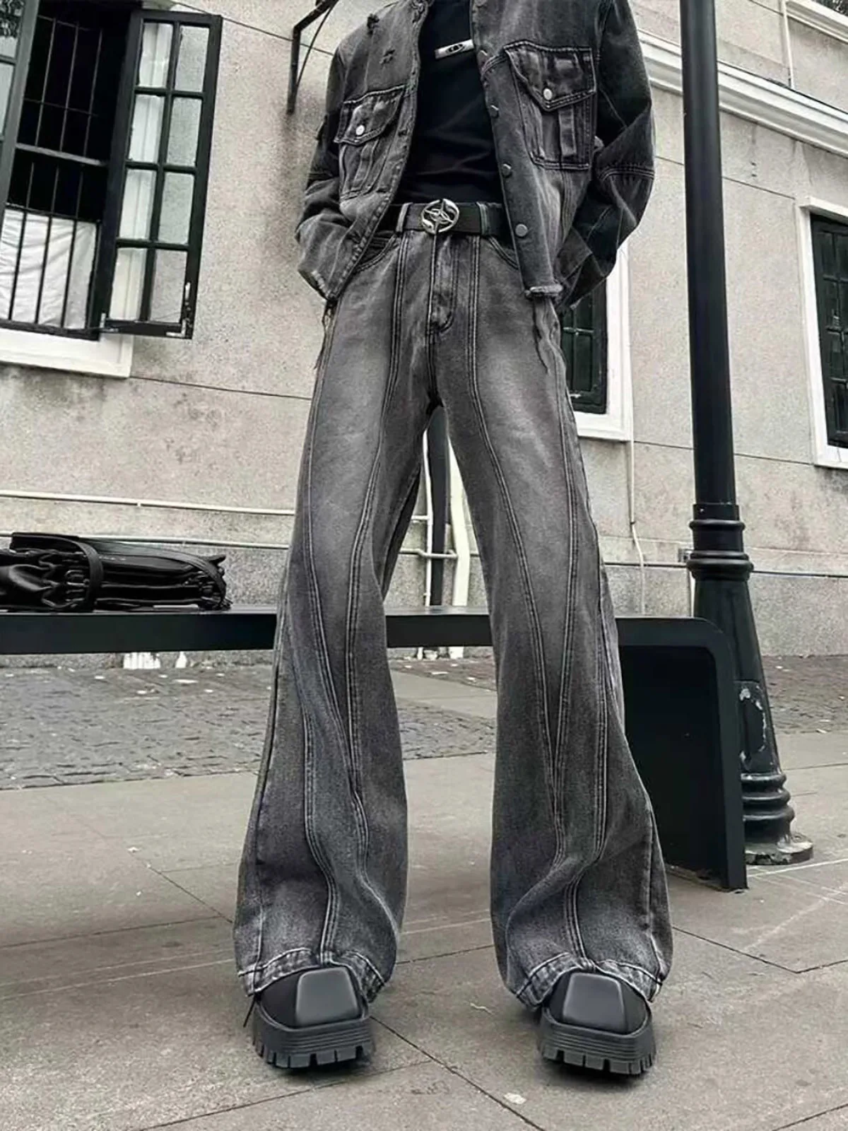 

American Style Washed Pleated Men's Streetwear Jeans Bell Bottoms Vintage Deconstructed Floor-Length Knife Pants