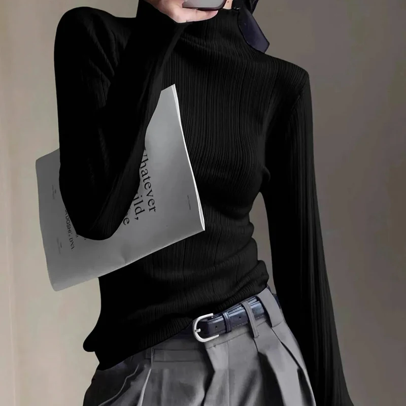Women Blue Mock Neck Knit Sweater Soft Slim Long Sleeve Solid Pullover Spring Fall Striped Classic Simple Top Harajuku Y2K Tee