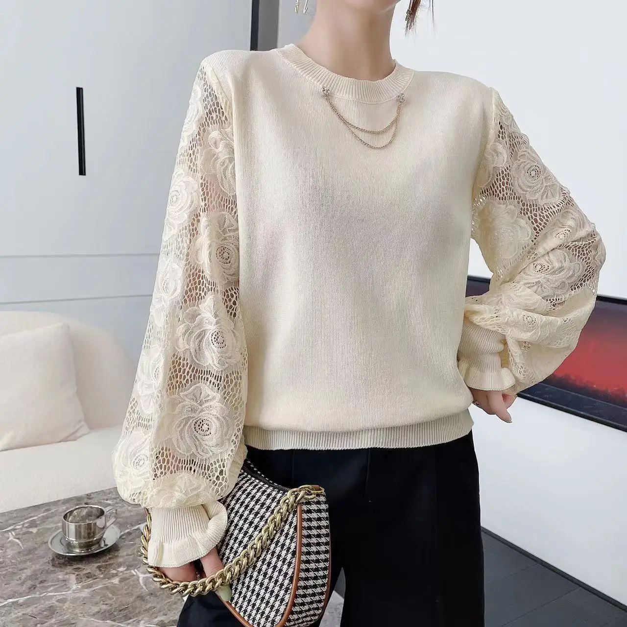 Autumn Winter O Neck Lace Jacquard Patchwork Elegant Fashion Sweaters Women Loose Casual Chain Pullover Korean All-match Jumper