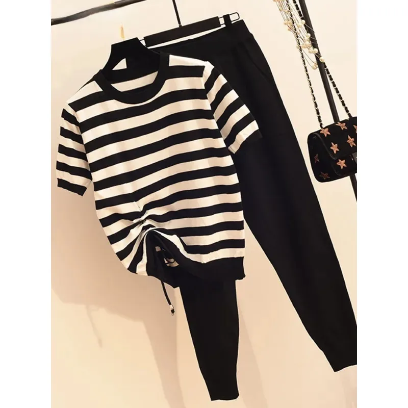 

Spring Summer O-neck Stripe Stitching Drawstring Top+high Waist Pants Suit Fashion Streetwear Knitted Two Piece Set Women N246