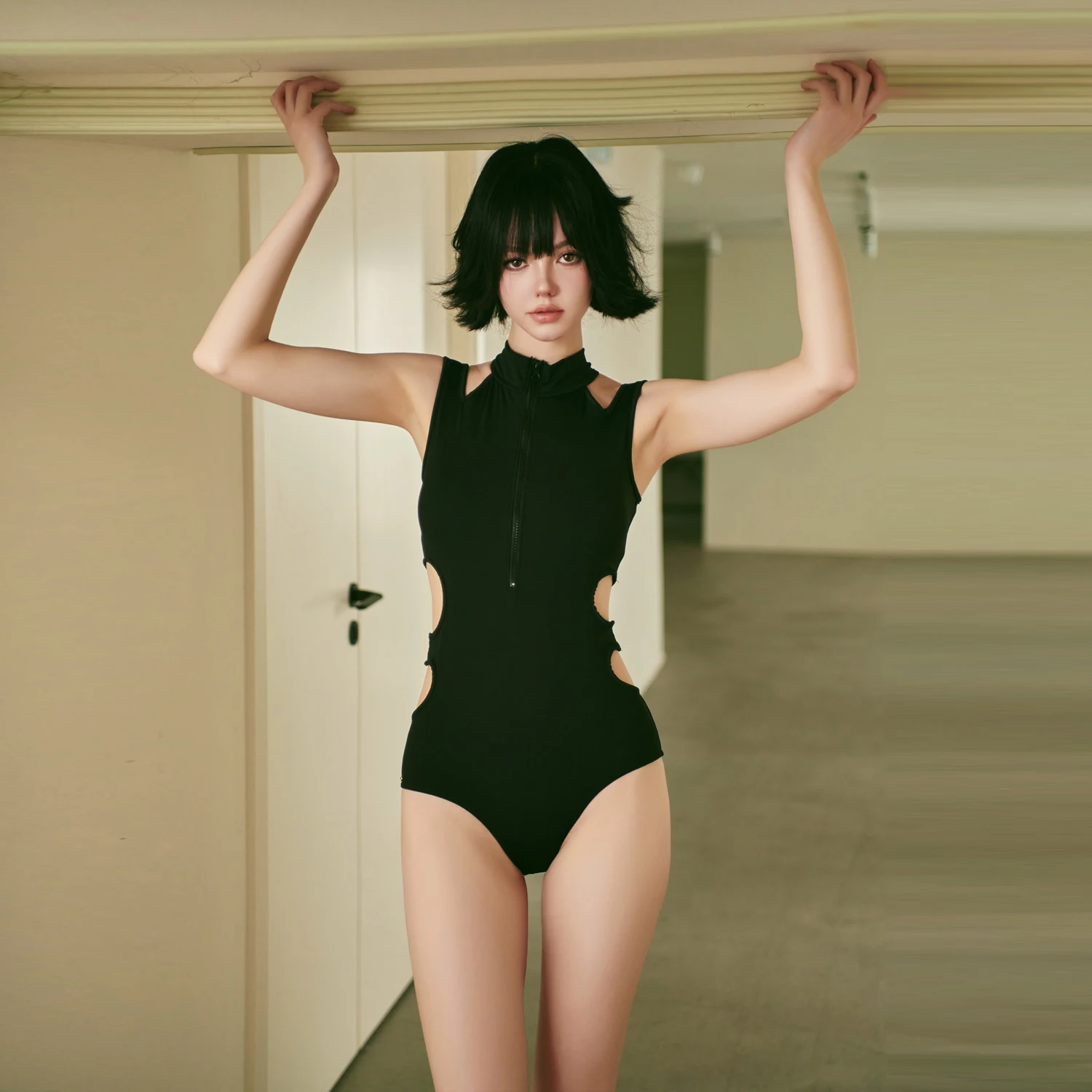 Black Elegant Sexy Hollow O-neck Slim Triangle One-piece Swimsuit Summer Girls Conservative Swimming Beach Water Park Swimwear