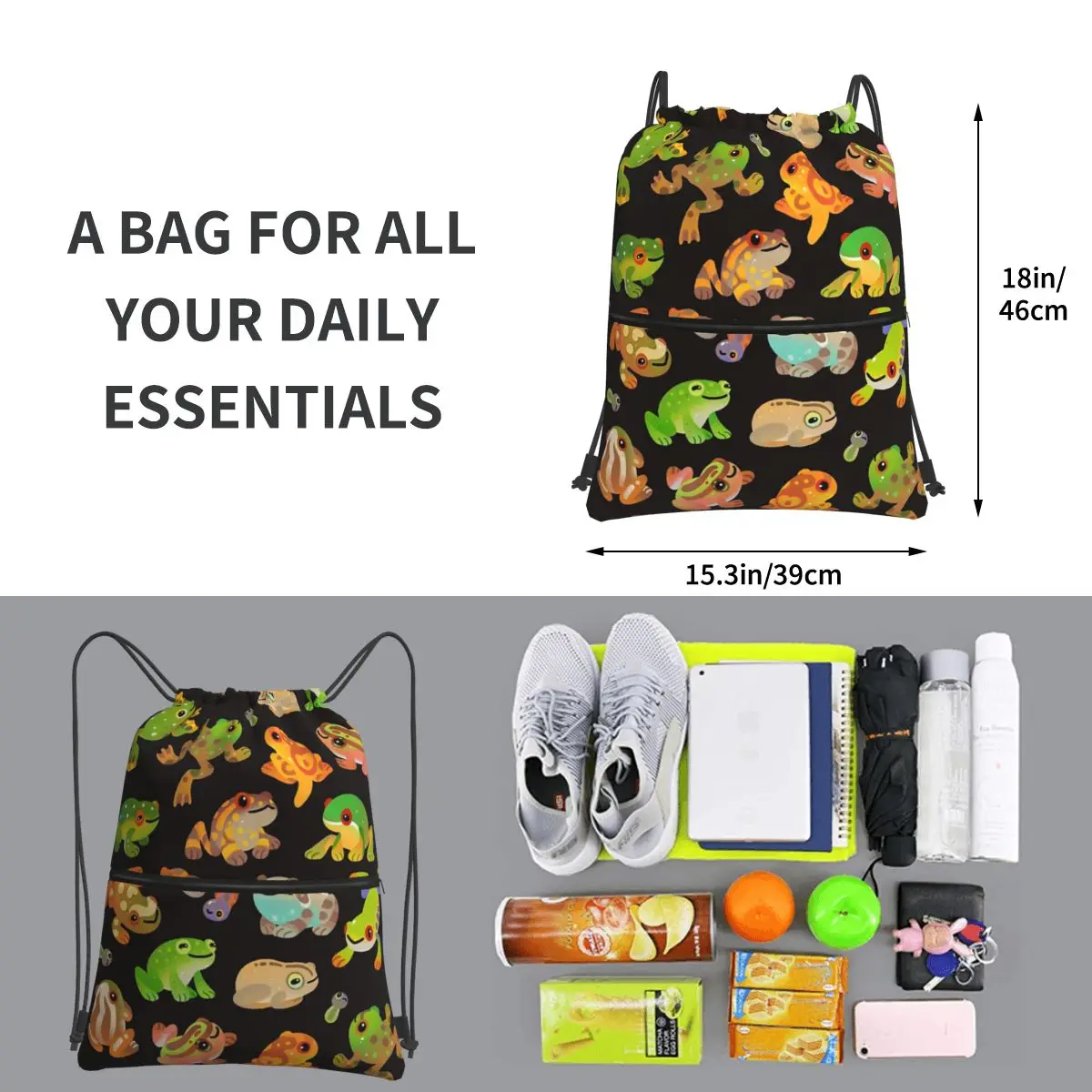 Tree Frog-Mochilas portáteis escuras, Drawstring Bag, Bundle Pocket, sapatos, moda, estudantes