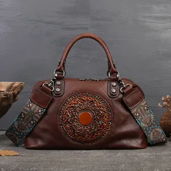 Johnature 2024 New Handmade Retro Totem Women Handbag Genuine Leather Versatile Casual Tote Real Soft Cowhide Shoulder Bags