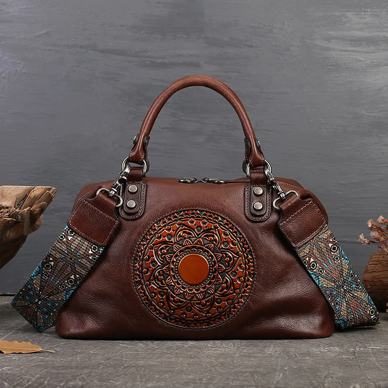 Johnature Handmade Retro Totem Women's Handbag 2025 New Genuine Leather Versatile Casual Tote Real Soft Cowhide Shoulder Bags