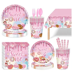 Sweet One Conjunto de Talheres Descartáveis, Tema Pink Donuts, Prato de Papel, Copos, Guardanapo, Happy Donuts Decor, 1st Birthday Party, 8 convidados