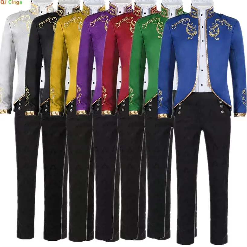 

Black Men's Three-piece Suit, Medieval Court Prince Embroidered Coat with White Shirt and Black Pantsarlet, Blue, Green.