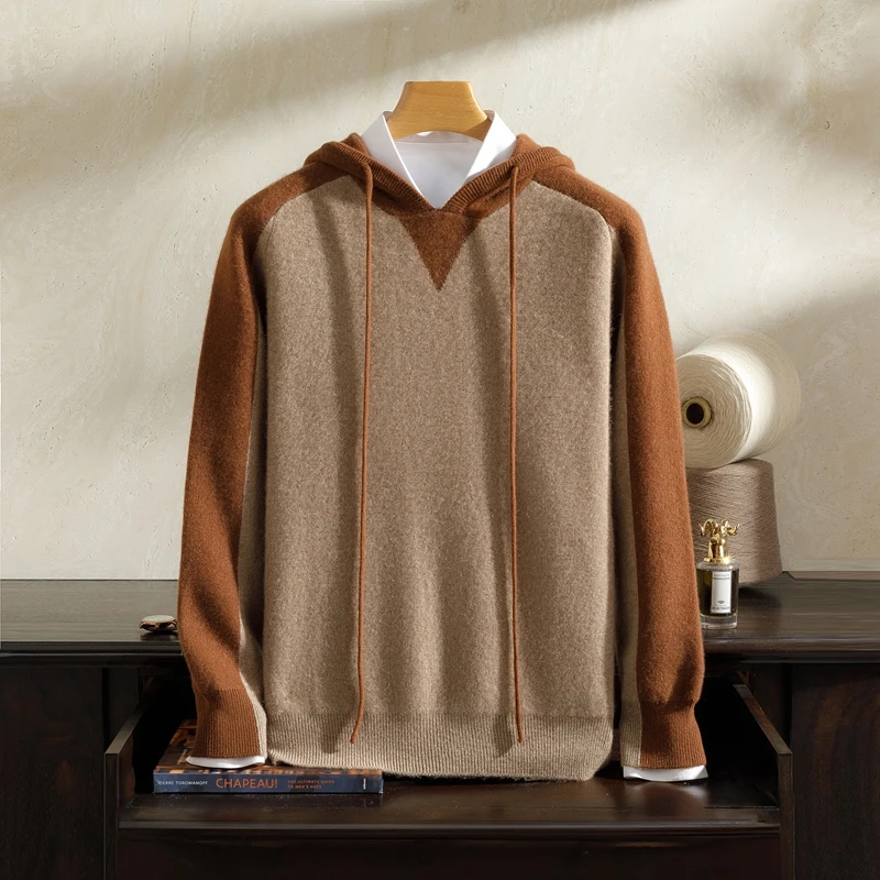 

MVLYFLRT A-class 100% Pure Cashmere Hoodie Men's Hooded Knitted Pullover Autumn Winter Casual Thick Warm Color Blocked Sweater