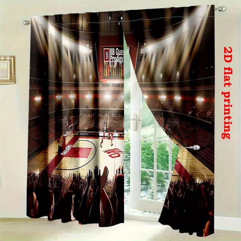 Basketball Court Curtain, Indoor Stadium Crowd Print Drape, Sports Arena Scenery Window Treatment for Living Room Bedroom Home