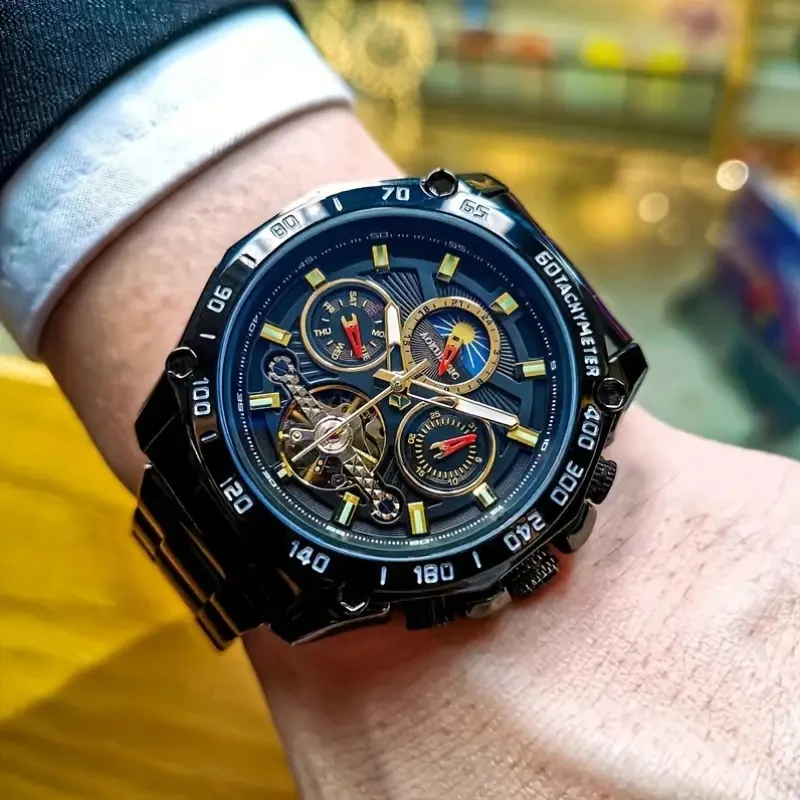High-Quality Automatic Mechanical Skeleton Watch for Men - Waterproof, Luminous, Calendar, Multi-Functional Gift Option, Stylish Business Casual Men's Wristwatch, No Battery Required