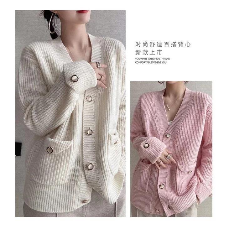Women's Pink Cashmere Cardigan Sweater Early Autumn Knitted Coat Soft Pink Women's Cardigan Sweater for Autumn