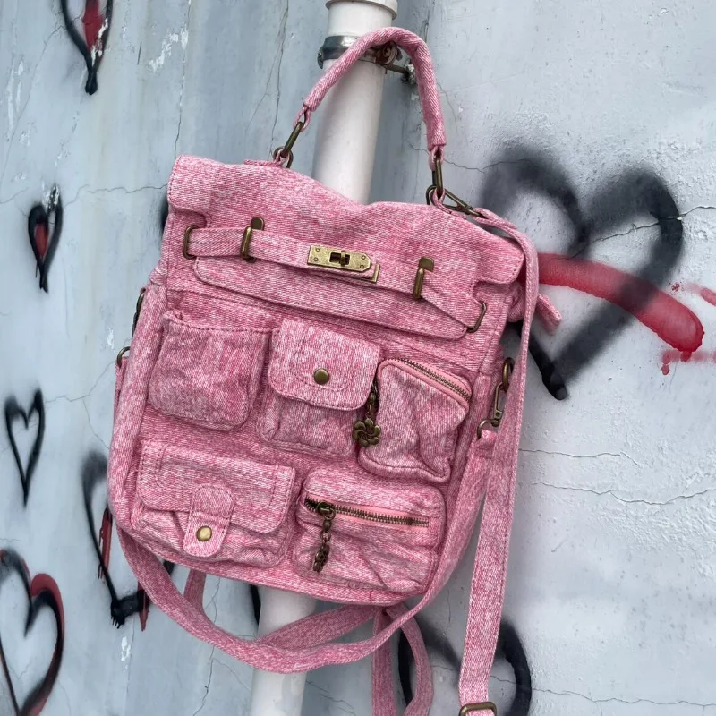 

Angel Vintage Washed Denim Backpack Distressed Retro Casual Commuter Bookbag High-capacity сумка женская for daily school use