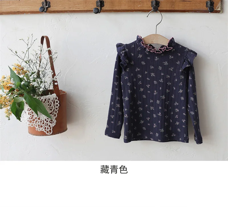 Korean Style Autumn 2025 Children's Girl's Ruffle Collar Small Flounce Sleeve Floral Print Elastic Base Long Sleeve Top