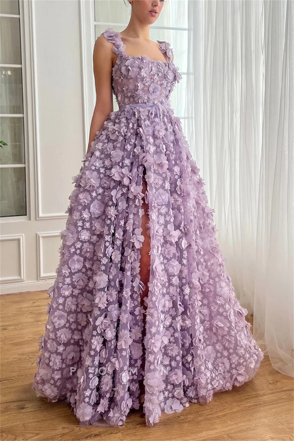 Luxury High Purple 3D Flowers Party Dresses Spaghetti Strap vestidos de fiesta Elegant Sleeveless Side Split فساتين سهرة 2024