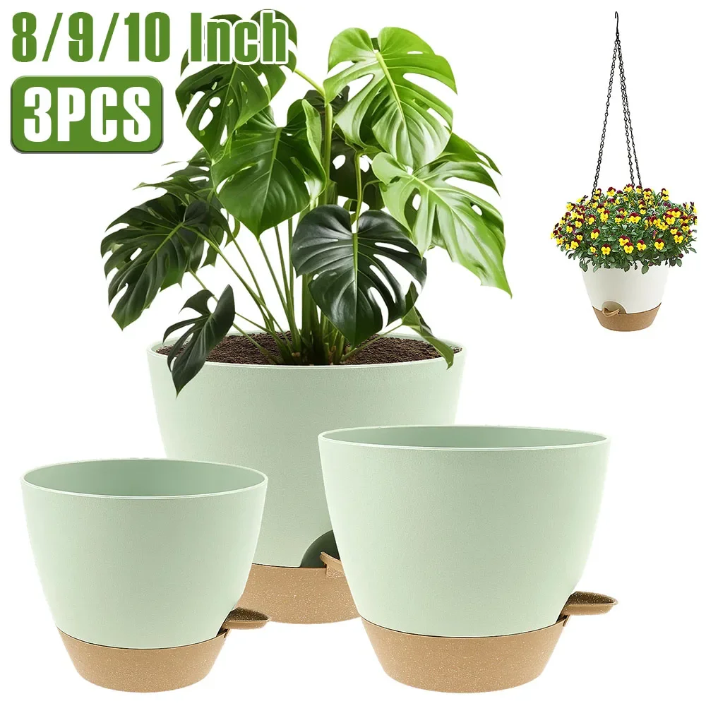 3Pcs Self Watering Flowerpot Plastic Planter with Drainage Holes 8/9/10 Inch Hanging Succulent Planter Pot Gardening Decoration