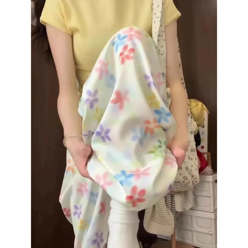 

Women Summer Thin Ice Silk Floral Printed High Waist Loose Straight Wide Leg Plus Size Casual Pants
