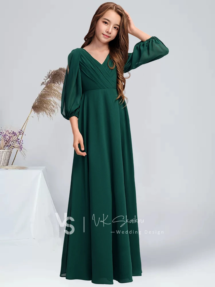 A linha com decote em v até o chão chiffon júnior vestido de dama de honra com plissado verde escuro vestido de menina de flor vestido de comunhão para juniores