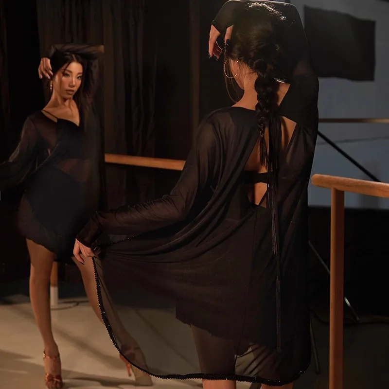 

Latin Dance Top Dress With Open Back Loose Long Sleeves Mesh ZYM Dress Barely Dress #25094