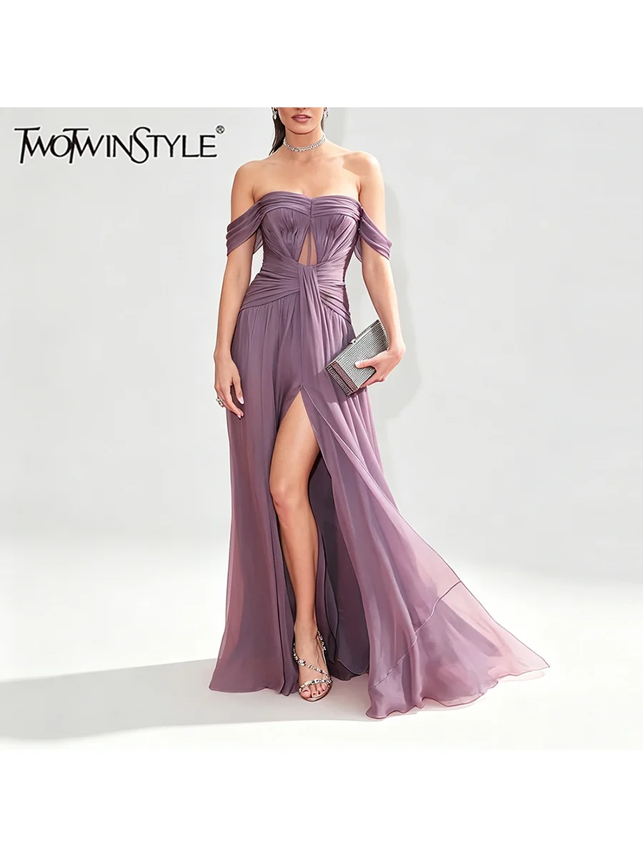 TWOTWINSTYLE Solid Spliced Cutout Slimming Maxi Dresses for Women Slash Neck Sleeveless Patchwork Zipper Dress Female Fashion