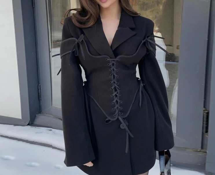 

Temperament Commuter Suit Collar Long Sleeve Woolen Coat Bandage Waist Cover Two Piece Set 2025 Autumn Winter New Fashion Casual