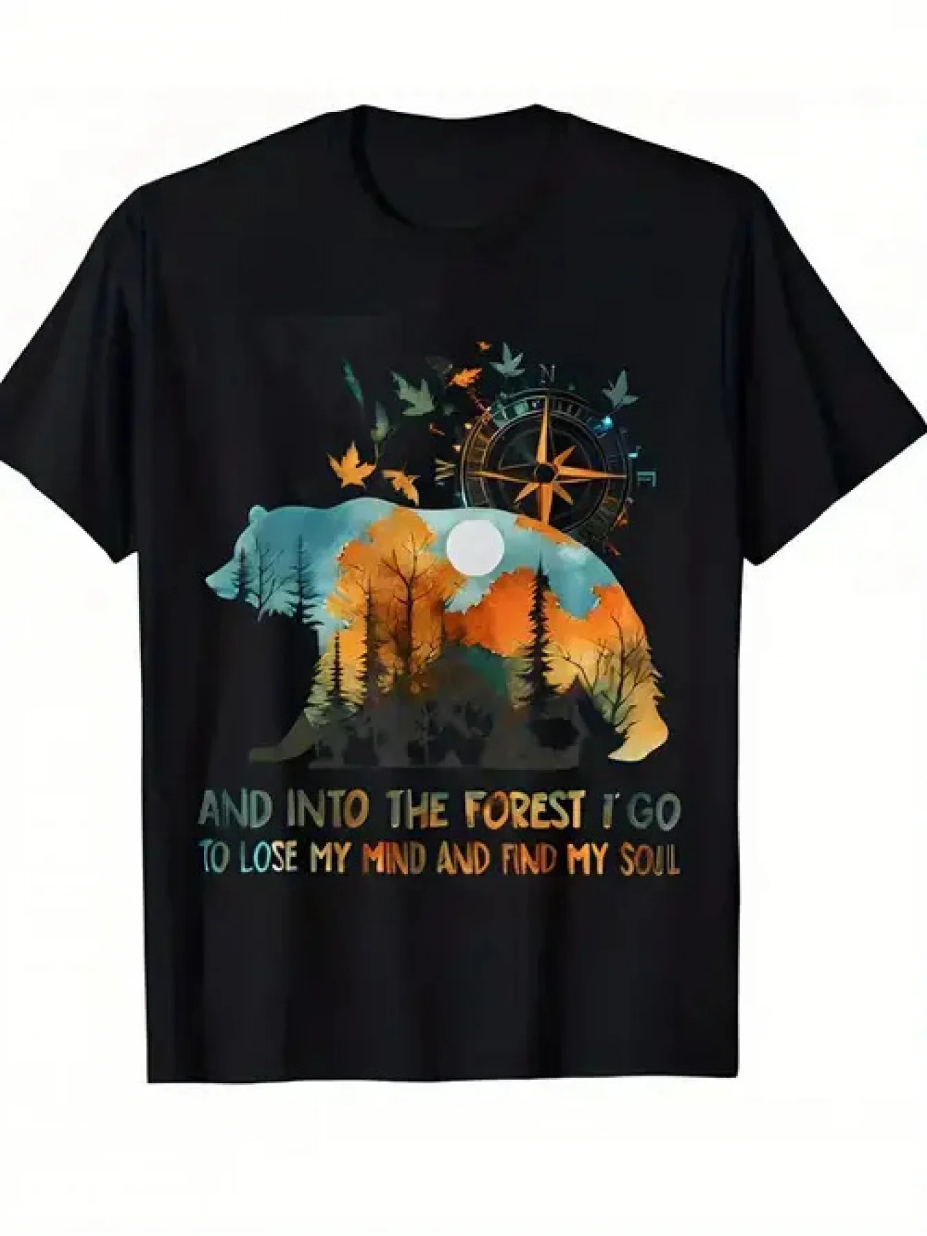 Bear Forest Compass Graphic Tee Men Women Cotton Short Sleeve Casual Trip T-Shirt