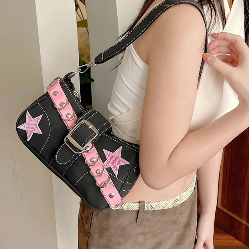 

Fashion Black Pink Star Chic Cowboy Tote Bags with Punk Buckle Strap, Y2K Style Underarm Handbag Purse for Women Daily Party Use