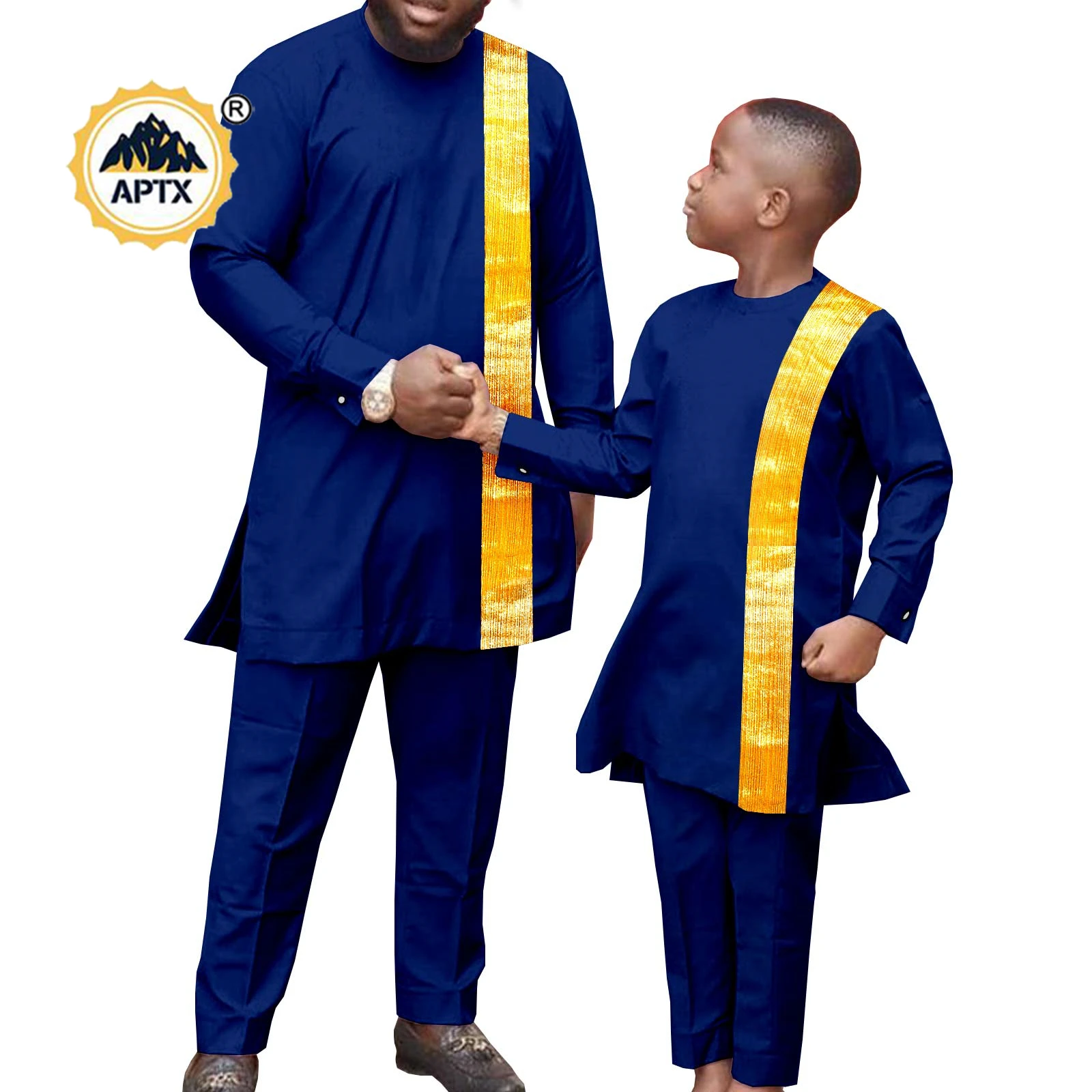 

African Family Clothes Bazin Riche Men and Kids Suit Solid Top and Pants Robe Sets Dashiki Men Outfits 2 Pieces Sets Y22F005