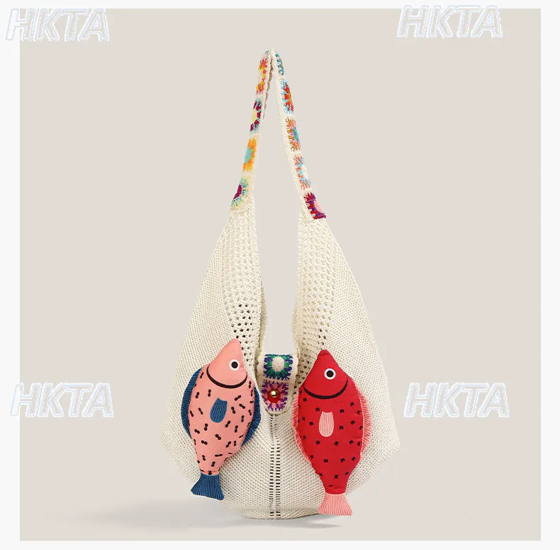 Cute Cartoon Knitted Bag Ladies 2026 Summer Daily Large Capacity Leisure Vacation Woven Storage Tote Bag Backpacks Women