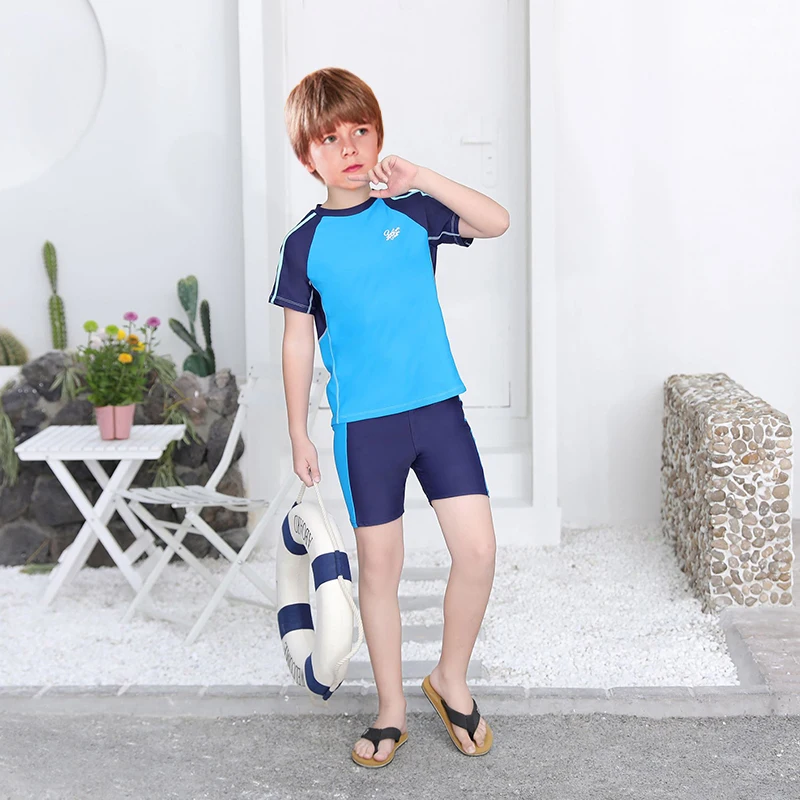 3pcs Boys Swimsuit Raglan Sleeve T-Shirt Top & Spliced Shorts & Swimming Cap Set Teen Kids Summer Beach Clothes Bathing Suits