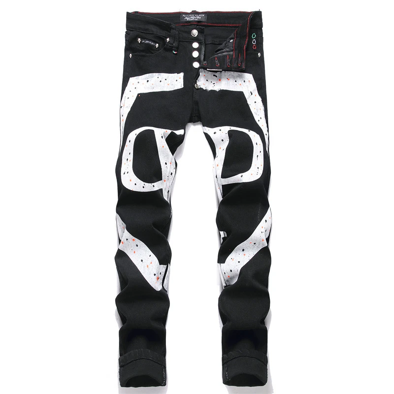 2024 Punk Print Black Men\'s Jeans Mid-Waist Slim Stretch Denim Pants Hip Hop Streetwear Fashion